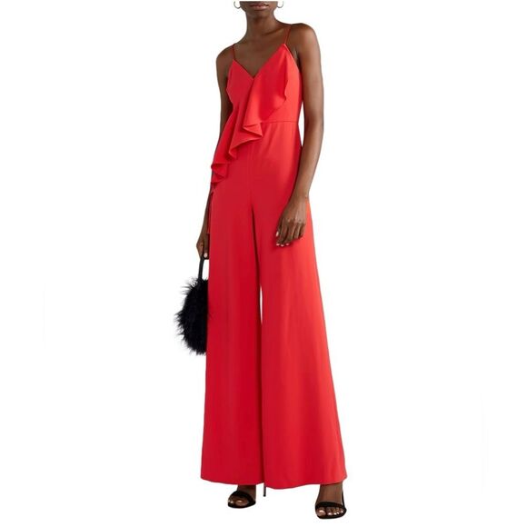 Alice + Olivia Keeva Ruffled Crepe Wide Leg Jumpsuit in Papaya Red - Size 6 - Picture 1 of 8